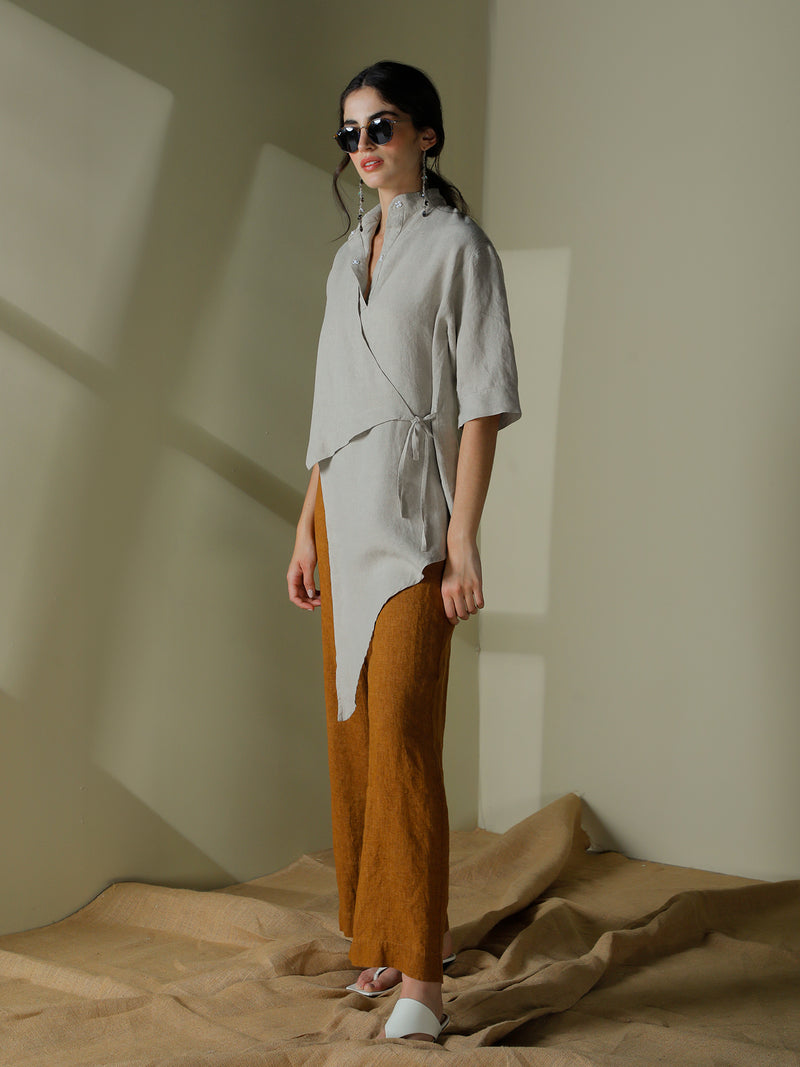 Asymmetrical wrap blouse in linen