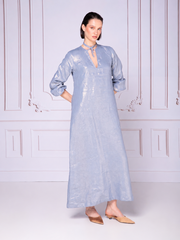 Vestido linea "A" con jaretas en lino tornasol