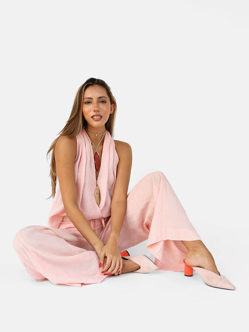 Halter blouse with pleats and crossover in linen