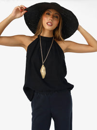 Halter blouse with pleats at neckline in linen