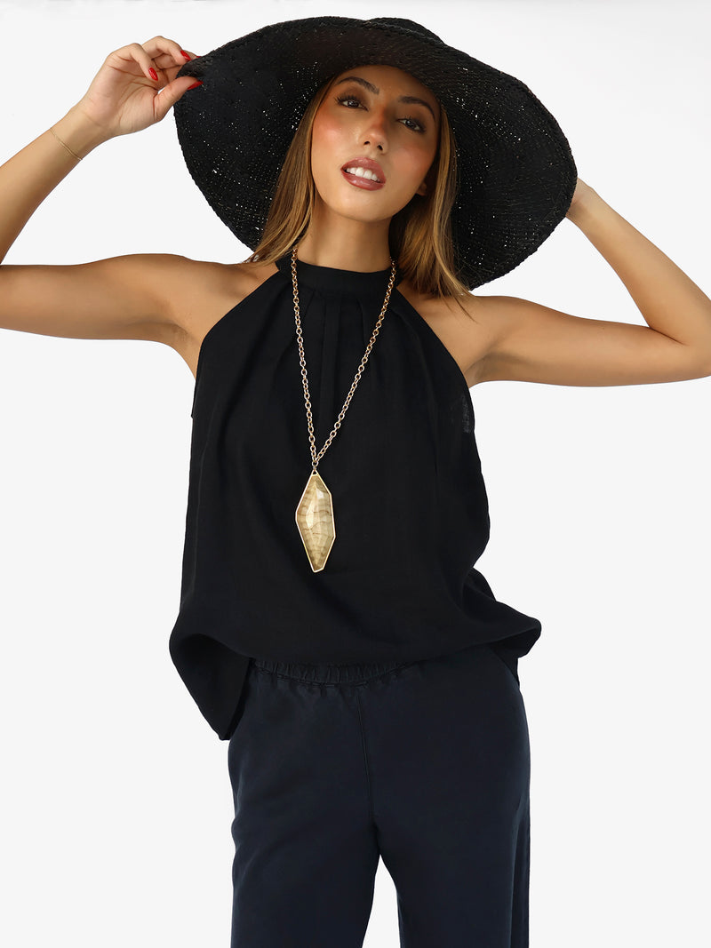 Halter blouse with pleats at neckline in linen