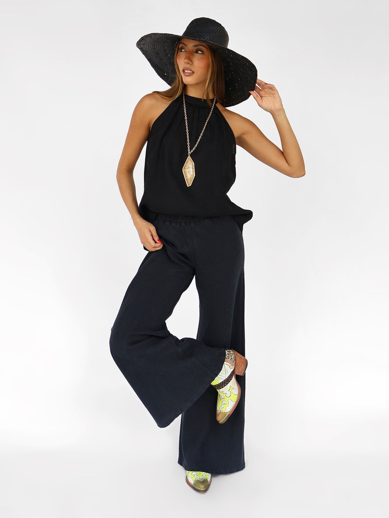 Halter blouse with pleats at neckline in linen