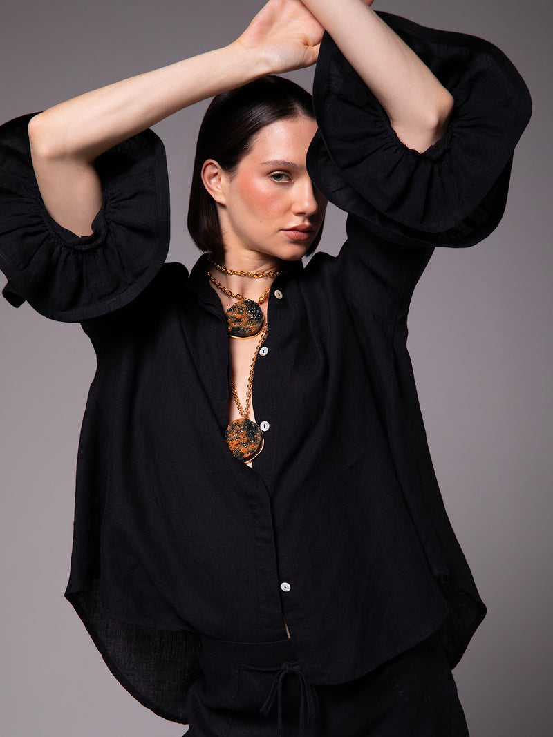 Camisera holgada de doble escarola en lino