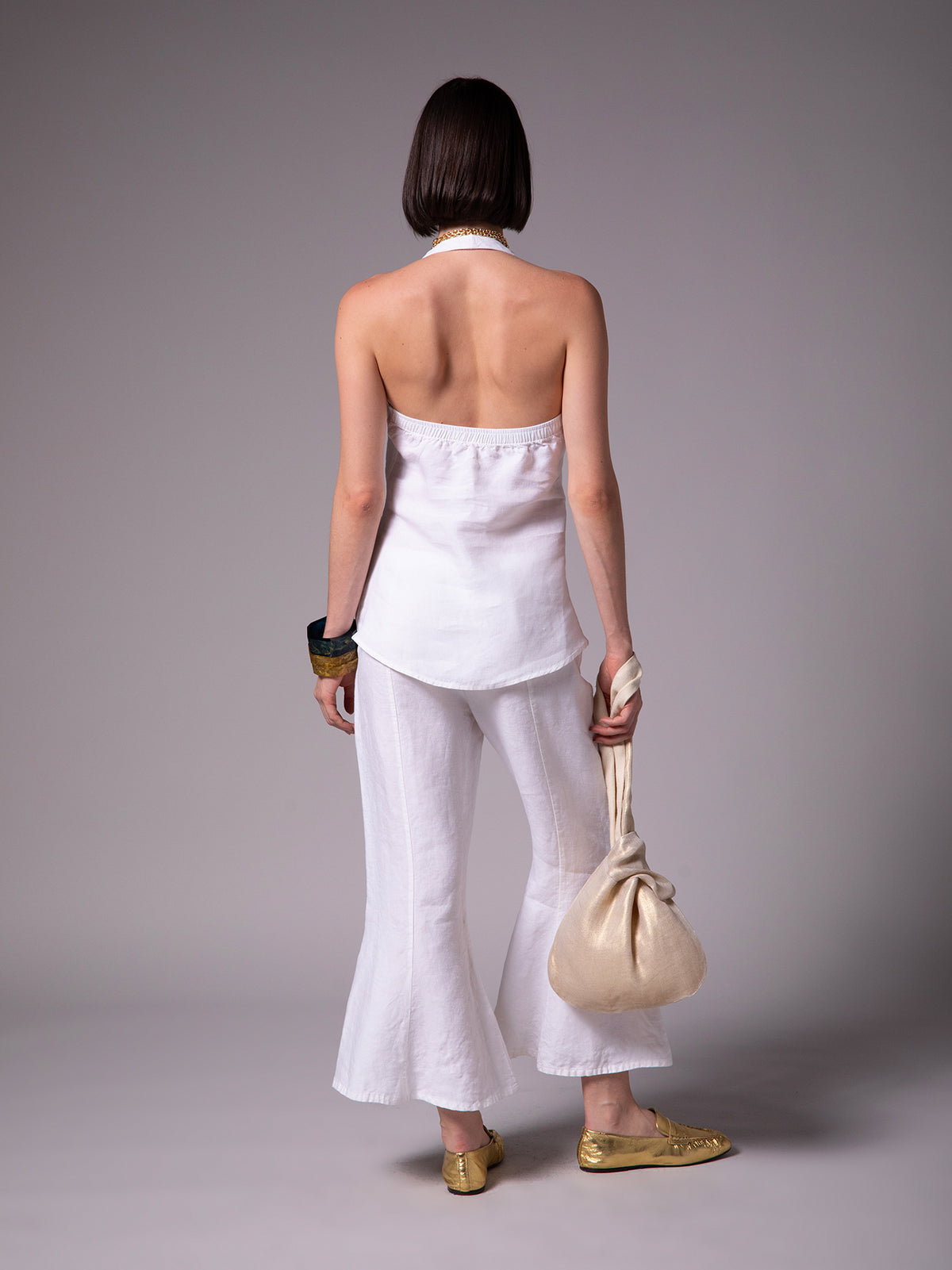 Blusa halter con drapeado delantero en lino