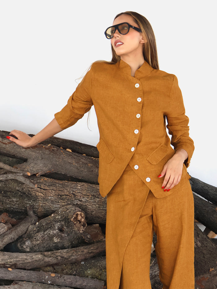 Saco con cuello Mao y aletilla en lino