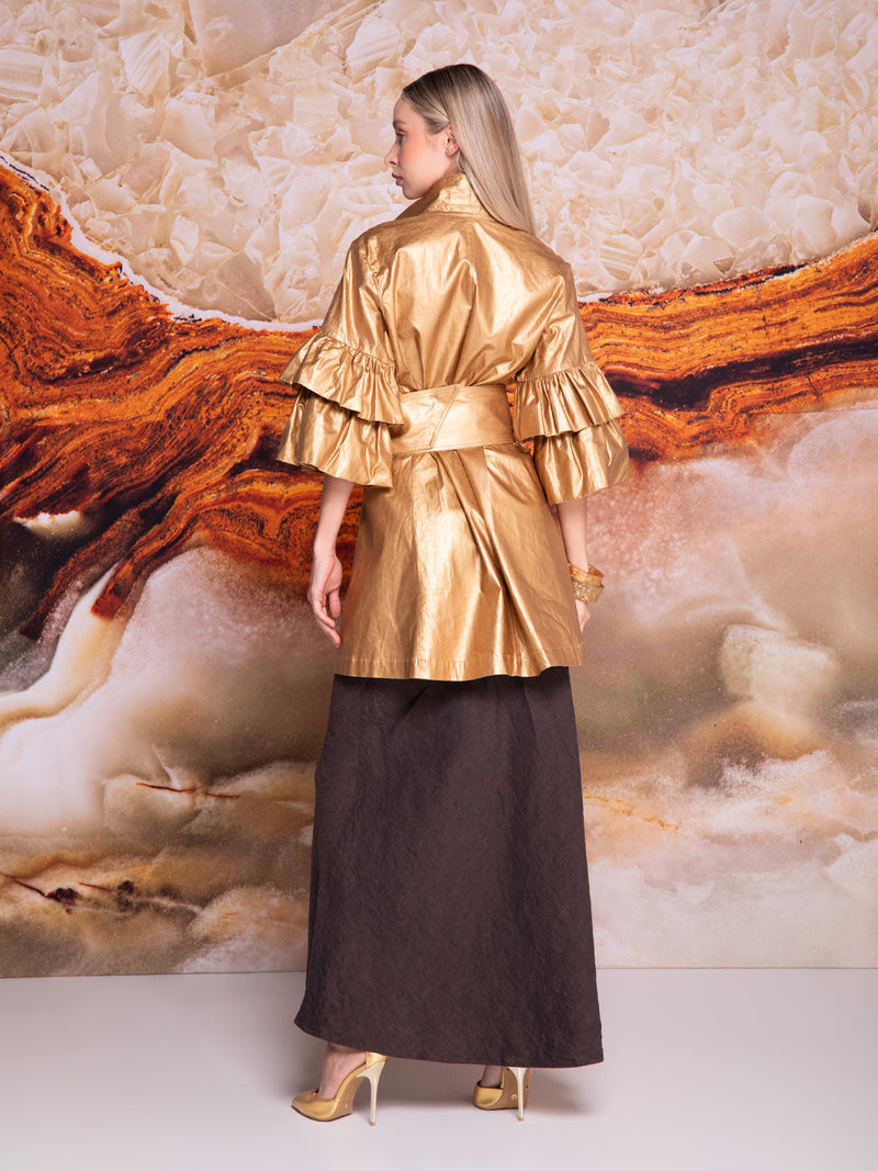 Saco de dama con cinto y hebilla de cuerno en lino