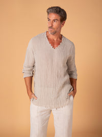 Camisa de manga larga para hombre en lino corrugado