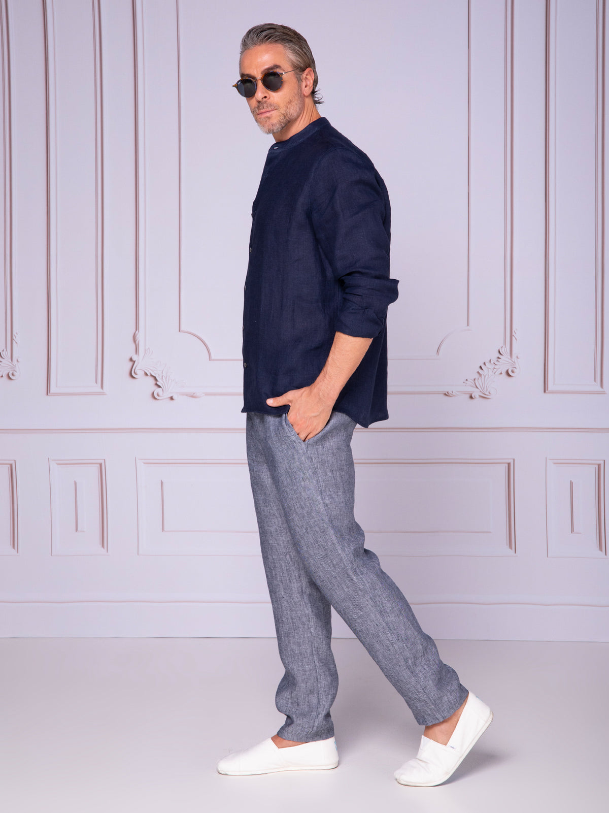 Camisa caballero cuello Mao en lino