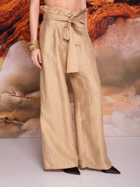 Pantalón amplio con olán en cintura en lino