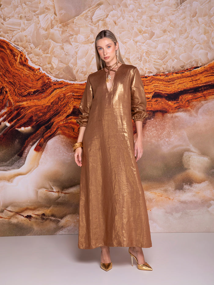 Vestido linea "A" con jaretas en lino tornasol