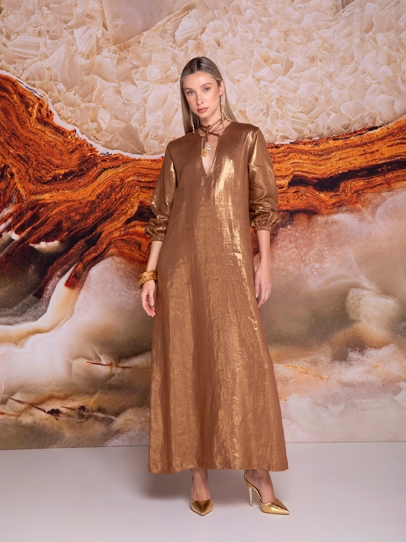 Vestido linea "A" con jaretas en lino tornasol