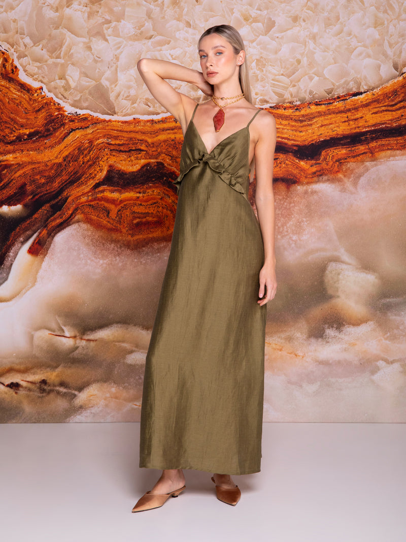 Vestido de tirantes copa plisada en lino