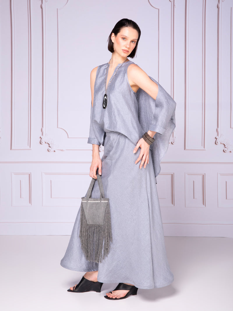 Blusa hombro descubierto con escote mesh en lino