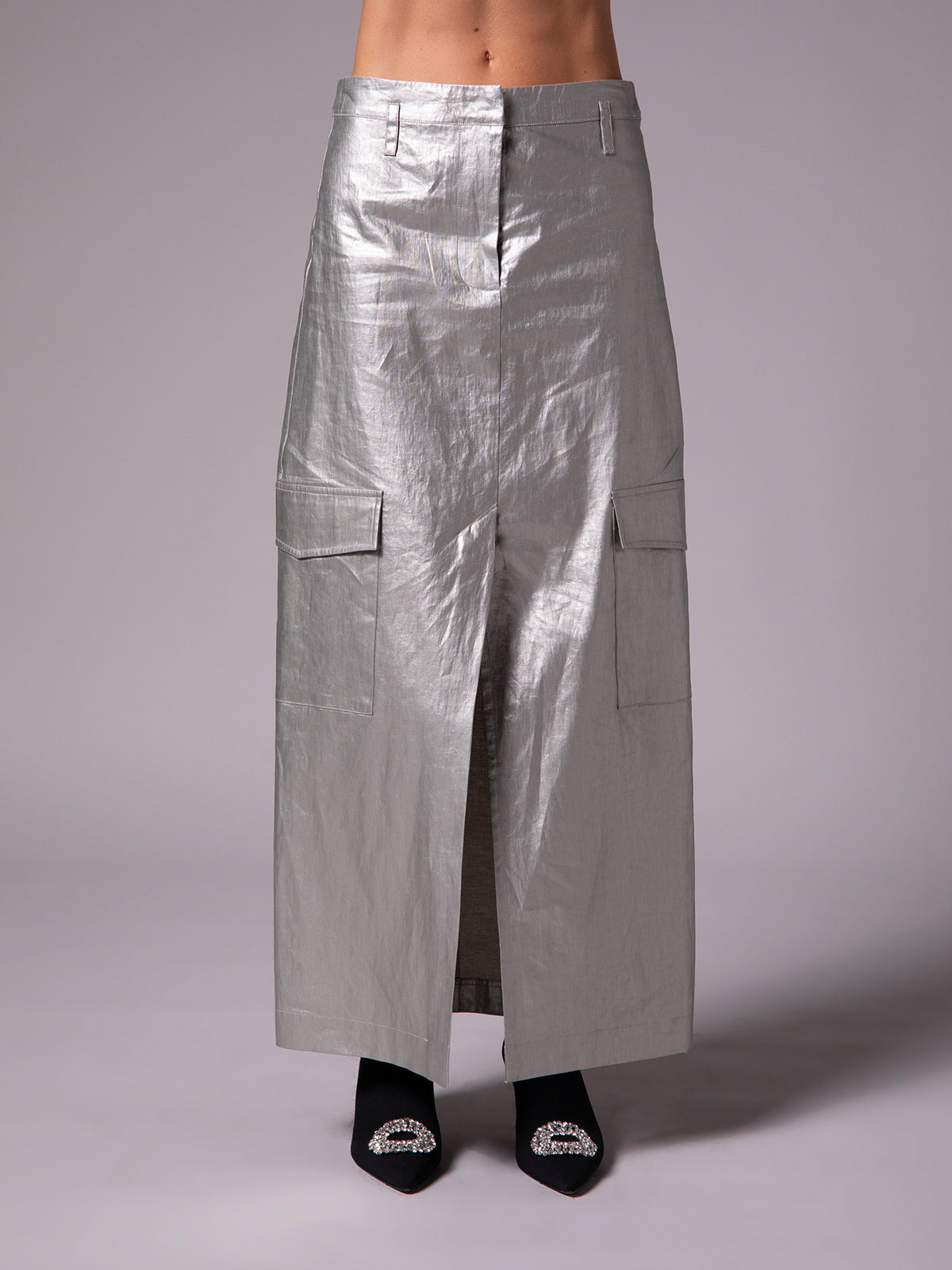 Falda lápiz en lino metálico