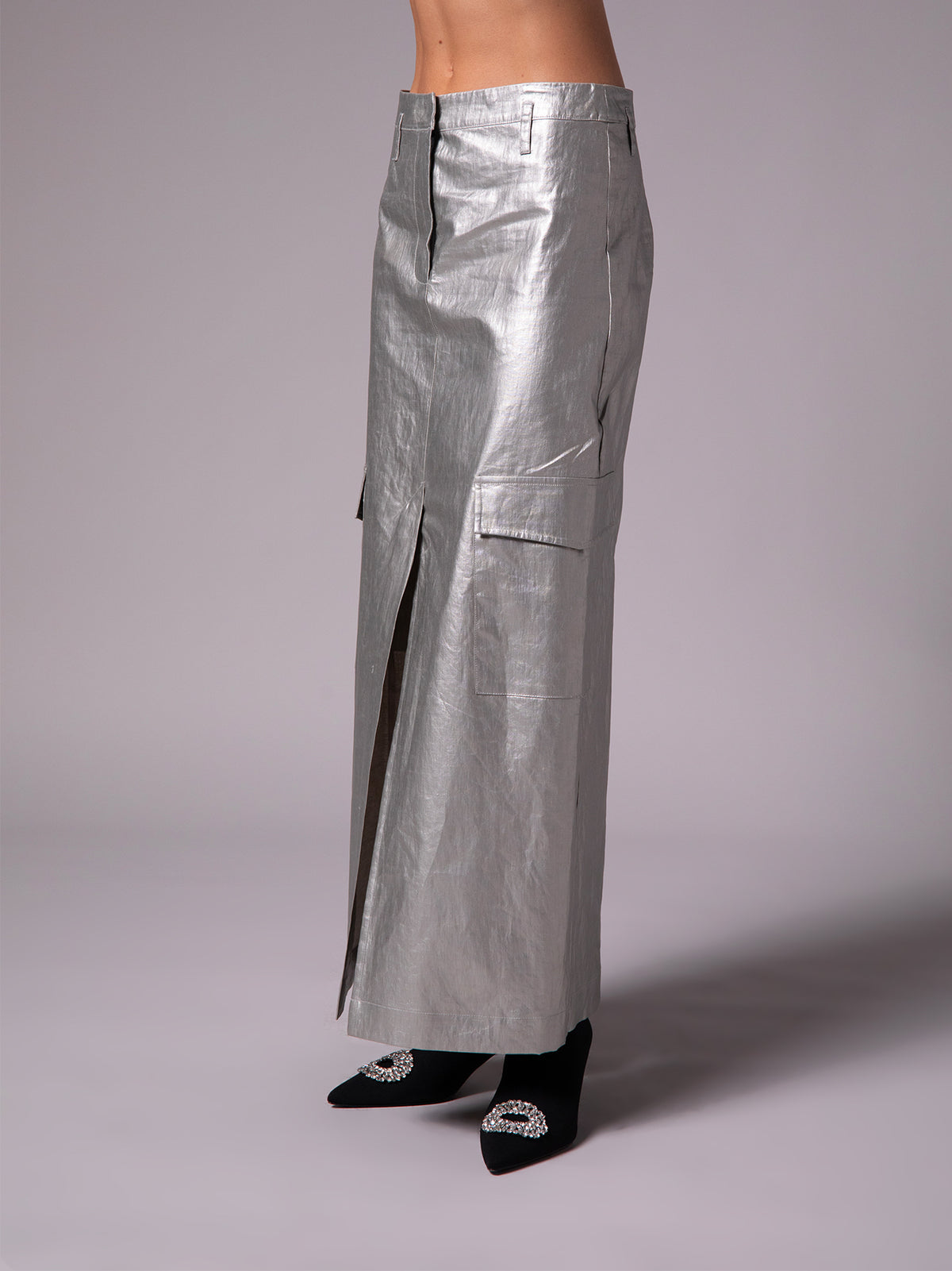 Falda lápiz en lino metálico